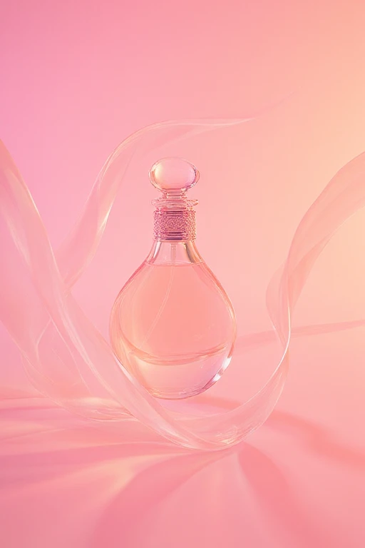 bingyuzai, A perfume bottle, surrounded by transparent glass ribbons, sits in a background of pink and yellow gradients