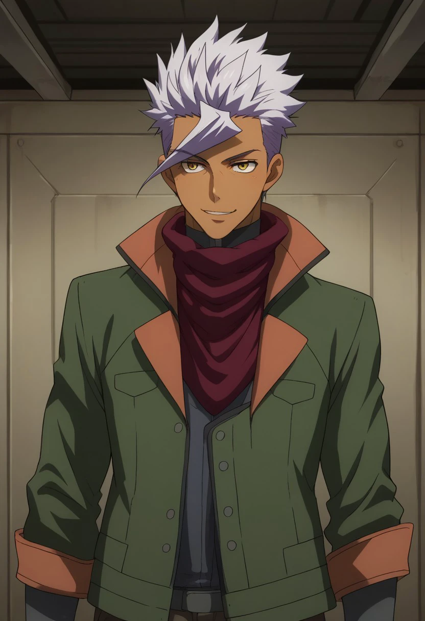 score_9, score_8_up, score_7_up, source_anime, highly detailed,
itsuka, 1boy, solo, male focus, dark-skinned male, jacket, white hair, yellow eyes, dark skin, standing, open jacket, green jacket, spiked hair, open clothes, scarf, purple scarf, upper body, smile
indoor, hangar,