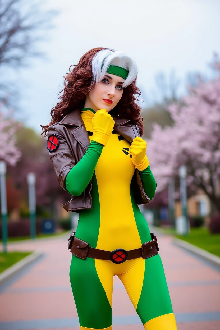 xrgmn woman costume green and yellow bodysuit cosplay, belt, jacket, gloves, brown and white hair, green hair band, 
Antonia, Elowen,
College campus and spring bloom at background, Cloudy with light rain 
<lora:flux_events_Rogue_xrgmn_woman:1>