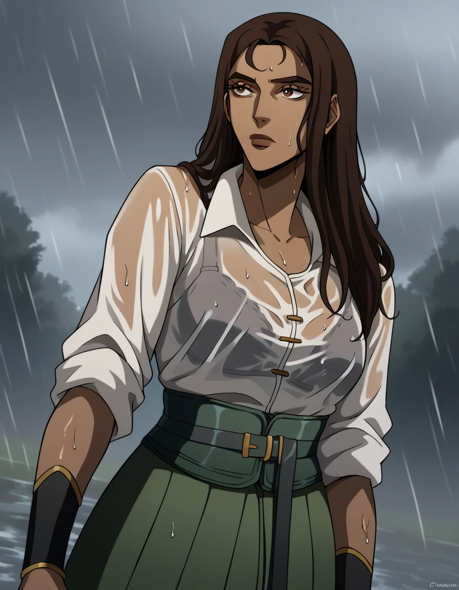 score_9, score_8_up, score_7_up, source_anime, <lora:castlevania-greta-ponyxl-lora-nochekaiser:1>, greta, long hair, brown hair, brown eyes, dark skin, dark-skinned female,, <lora:bra-visible-through-clothes-ponyxl-lora-nochekaiser:1>, bra visible through clothes, wet shirt, wet clothes, see-through, see-through shirt, bra, bralines, wet, white shirt, bra peek, wet skirt,, outdoors, rain, cloudy, , cowboy shot, dutch angle