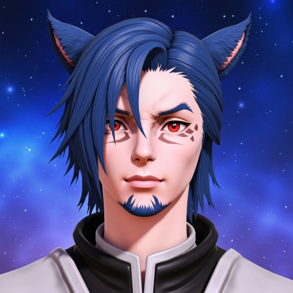 face_2_xiv, catboy, animal ears,  1boy, male focus, solo, facial mark, blue hair, cat ears, portrait, red eyes, facial hair, cat boy, star (sky), short hair, miqo'te, ffxiv, 3d