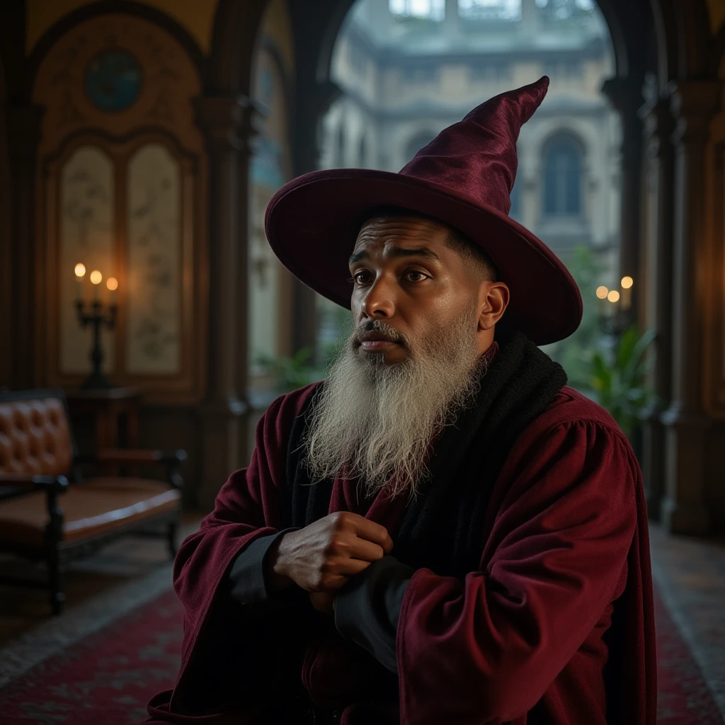 photo of a man, high quality, dressed as a wizard, at a magical palace, digital art