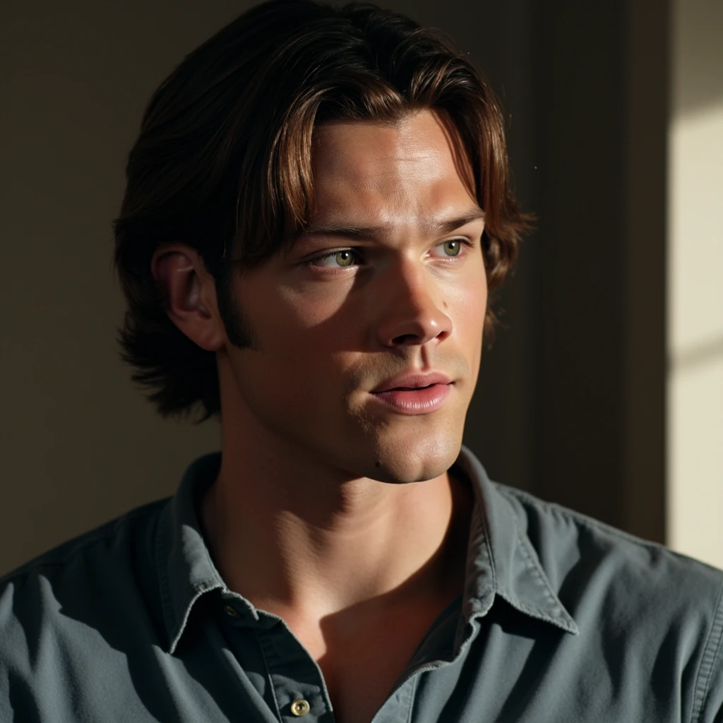 (padalecki, handsome male 20 yo, athletic) profile, looking away, parted lips, casual clothes, portrait, close up view