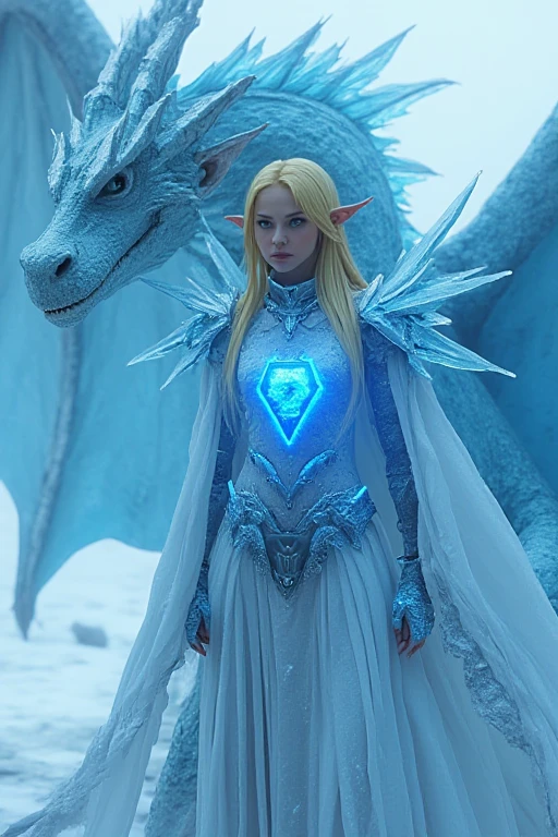 Cowboy shot, break ,Tuka_Luna ,woman ,blonde hair, solo, blue eyes, long hair, pointy ears, elf, Break, A woman surrounded by a majestic ice dragon. Her body is covered with ice armor that is organically formed, and she holds an ice sword in her hand. On its stomach, blue runes glow that seem to have magical power. The scene is a mix of fantasy and action, with a "cowboy shot" style that emphasizes the girl's heroics. The ice dragon in the background adds a touch of drama and danger to the image