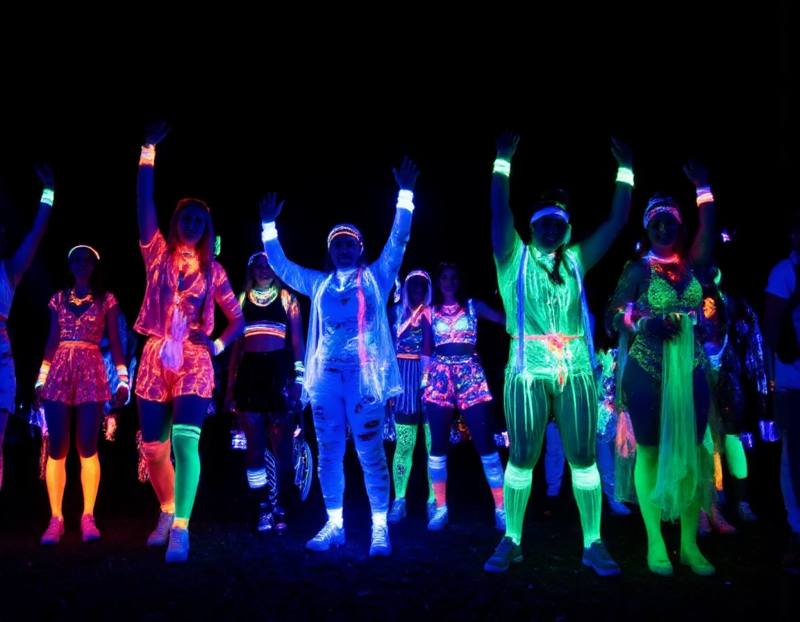 <lora:black_lightUV_glow:1>,amateur photgraphy of multiple glowing people at a rave party outdoors,