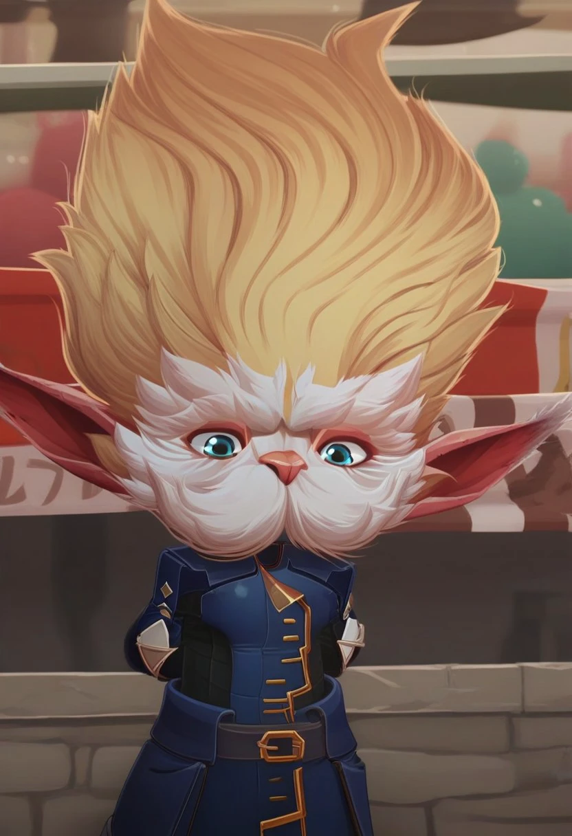 Heimerdinger blue eyes facial hair, blond hair, in a market, in front of a stall, with kids in background