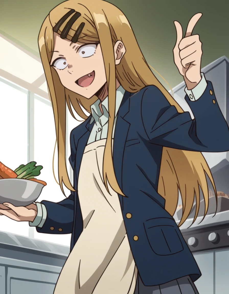 score_9, score_8_up, score_7_up, source_anime, <lora:saya-endou-s2-ponyxl-lora-nochekaiser:1>, saya endou, long hair, blonde hair, hair ornament, brown eyes, hairclip, fang, wide-eyed, constricted pupils, sanpaku,, skirt, shirt, hair ornament, school uniform, jacket, pleated skirt, socks, blazer,, kitchen, cooking, apron, cutting vegetables, home cooking, smile, , hand showing a thumbs down, solo,, cowboy shot, dutch angle