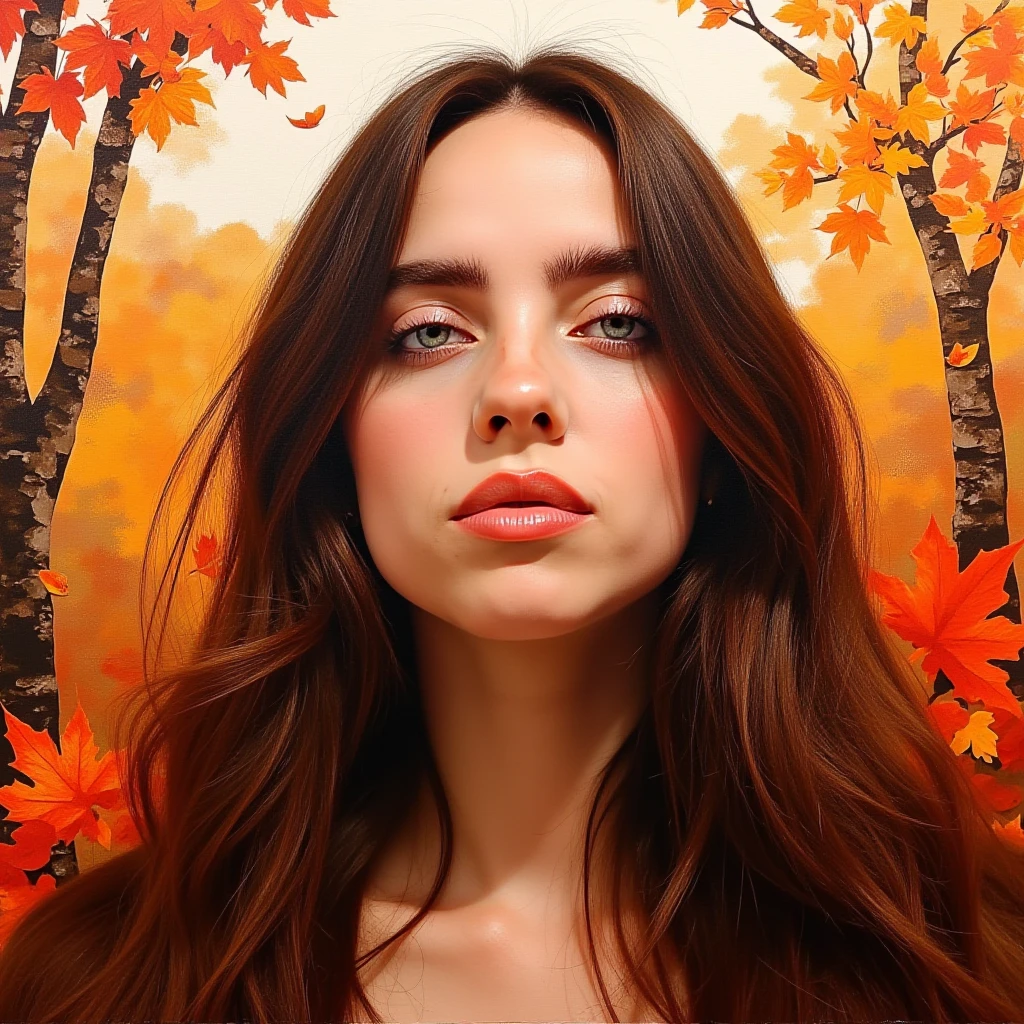 woman, light makeup, Expressionistic abstract painting utilizing a rough palette knife technique depicting the face of a woman with long flowing hair in the fall. The autumn theme is respresented through primary use of the colors red, orange and brown as well as autumn trees and leaves