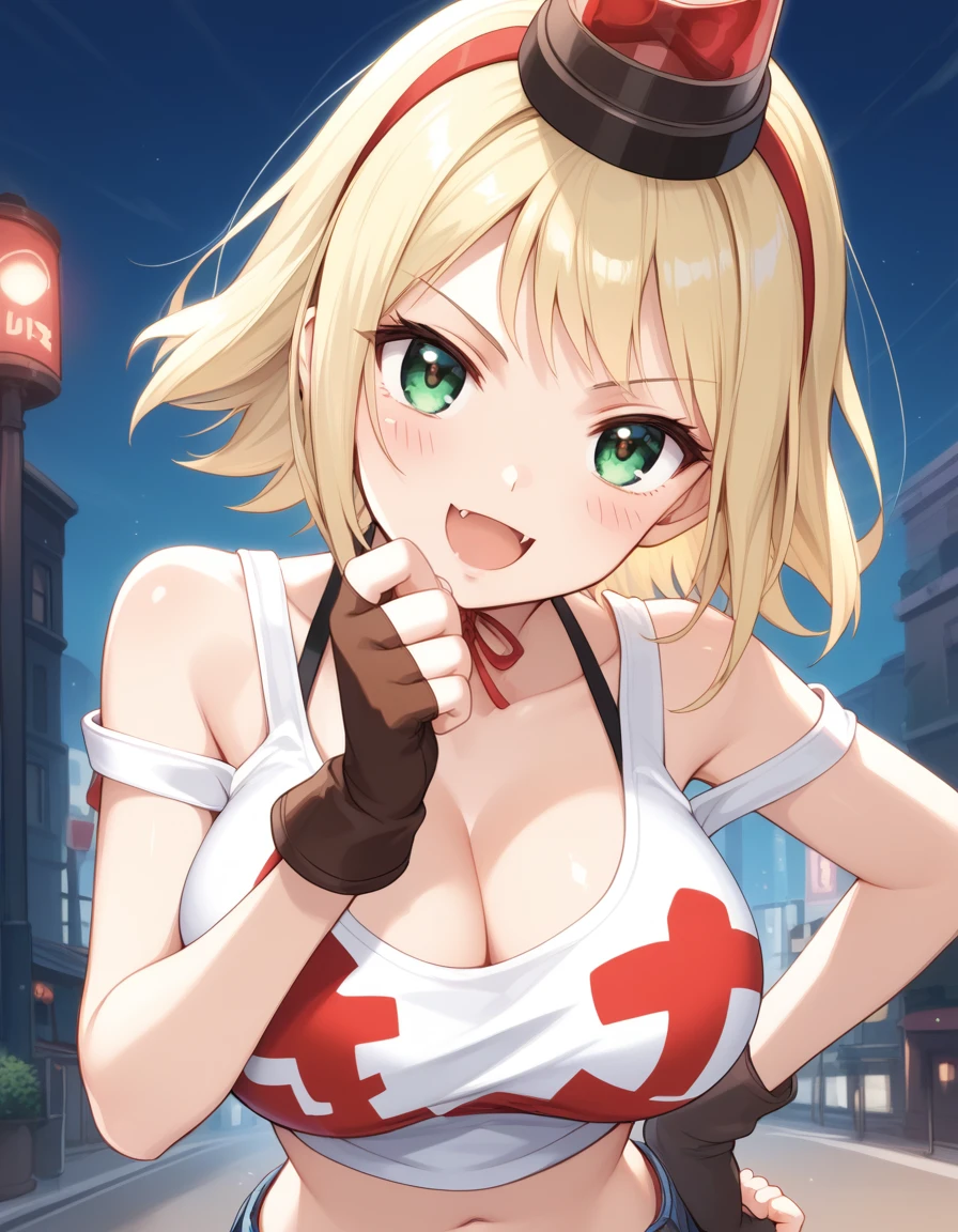 patoranran, blonde hair, green eyes, short hair,  blush stickers, large breasts, fang
 hairband, bare shoulders, bra strap, cleavage, cutoffs, crop top, midriff, fingerless gloves, brown gloves, navel, denim shorts, short shorts, belt, sneakers, groin,
 <lora:patoranran_pony_v2:1>
standing, dynamic pose ,
open mouth, blush,light smile
looking at viewer,(close-up,upper body,:1.3),
 outdoors, city, score_9, score_8_up, score_7_up, score_6_up, BREAK source_anime, best quality,very aesthetic, zPDXL2,official art,1girl, solo,