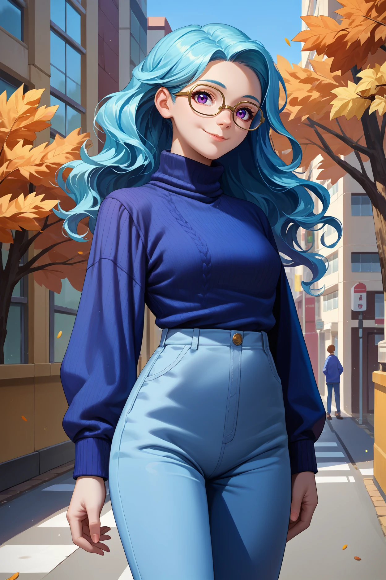 score_9, score_8_up, score_7_up, score_6_up, source_anime, 1girl, solo,  <lora:valere-pdxl-nvwls-v1-000005:1> valere, aqua hair, wavy hair, long hair, purple eyes, blue sweater, turtleneck, light blue pants, glasses, looking at you, smile, city, autumn