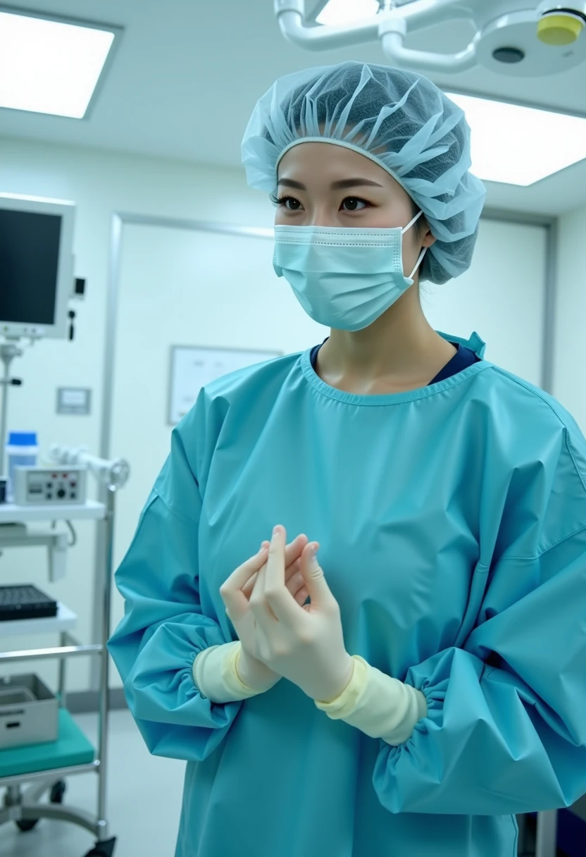 A beautiful Japanese female surgeon in operating room. She wears long sleeve surgical outfit, surgical cap, surgical mask and gloves. She is walking into the operating room, with her gloved hands raised to her chest level in front of her. The female surgeon is played by a young idol from AKB48. She has beautiful eyes and immaculate skin. 
  <lora:Surgeon in bouffant cap Flux_epoch_5:1>