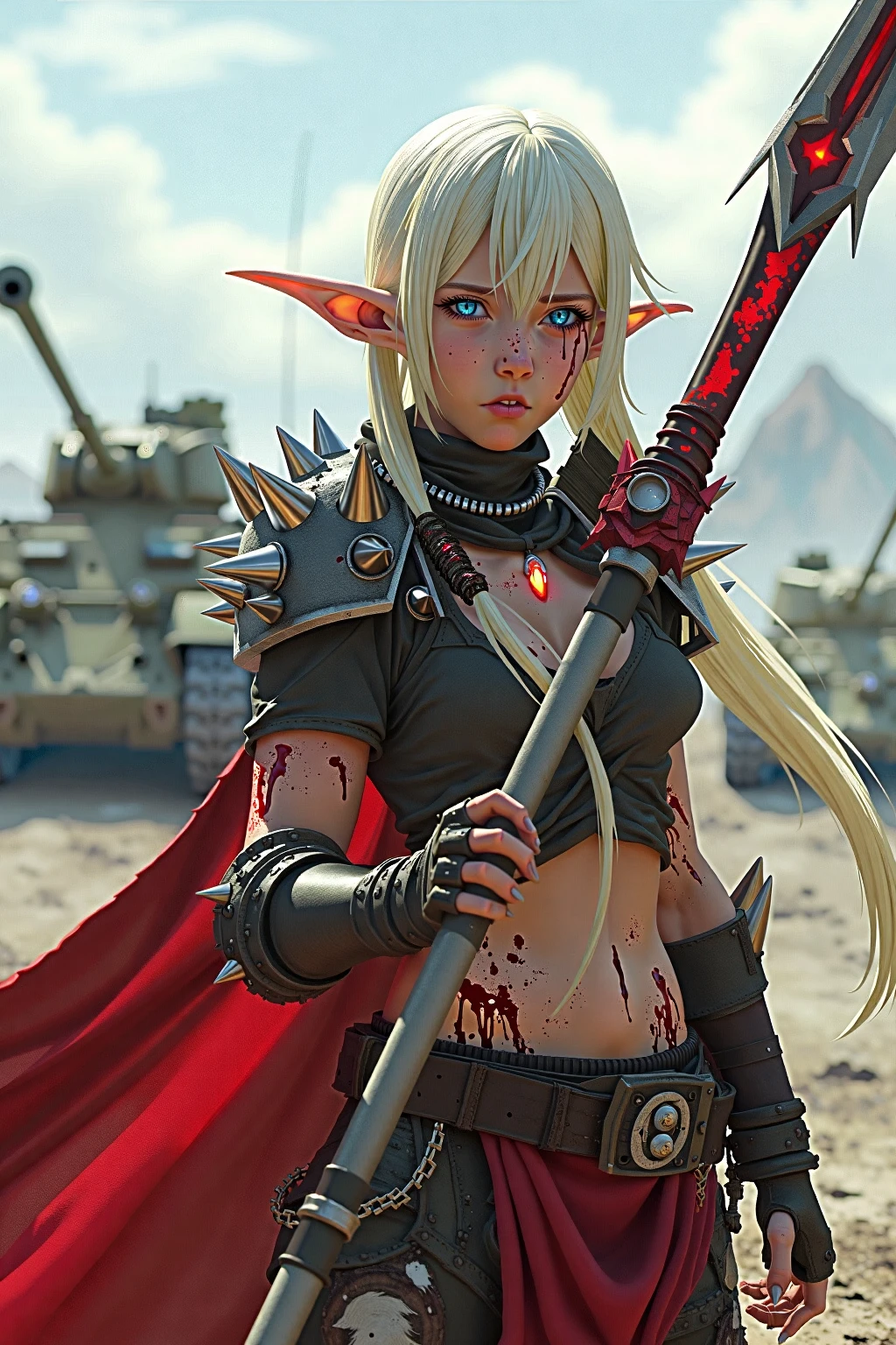 Tuka_Luna ,girl, blonde hair, blue eyes, long hair, pointy ears, elf, Break holds an oversized magic spear with a long stylized red blade, blood splattered and dripping, spiked video game armor, long wild silver hair, glowing red eyes, slender slender in lean toned form, very muscular. Break In the background is a battlefield with tanks