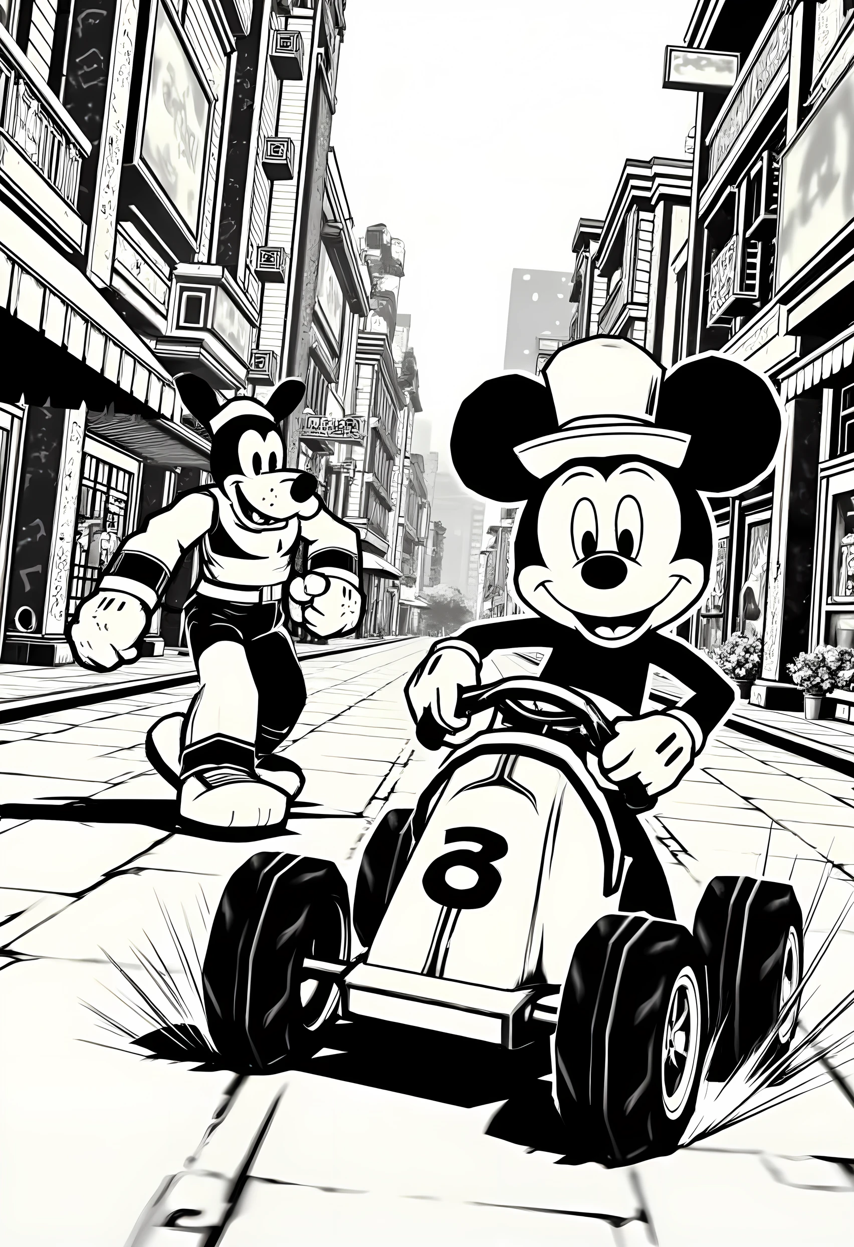 madworldstyle, monochrome, Mickey Mouse street racing against Goofy.