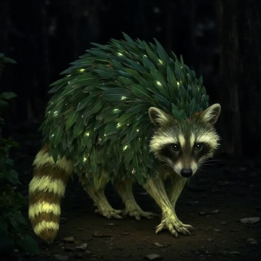 Juaner_whimsy,
A raccoon with fur made of twinkling fireflies, glowing softly as it rummages through a night garden. Its body shimmers with light, and its eyes glow bright green. The raccoon’s striped tail is made of luminous leaves, and its paws leave glowing trails wherever it touches, lighting up the garden in a mystical way.