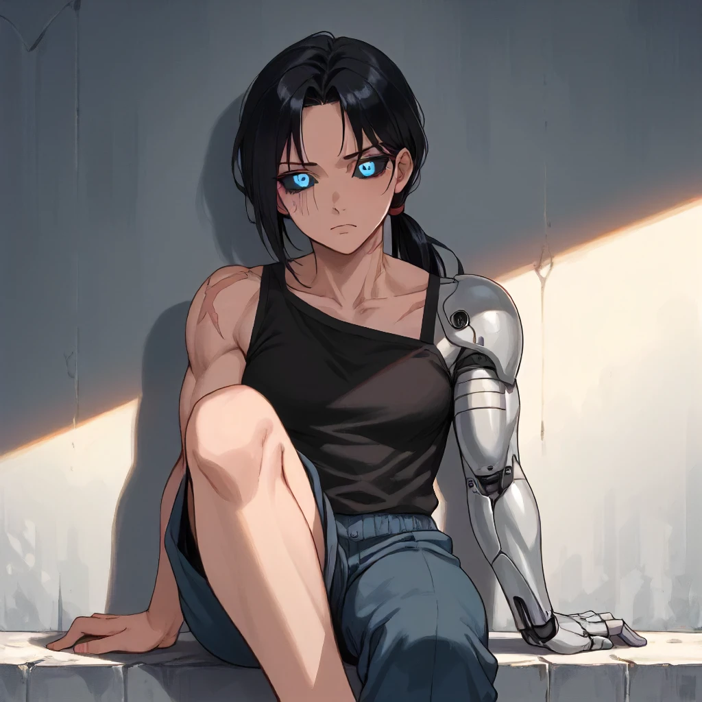 <lora:CoE Celia Stone:1> score9, portrait, cowboy shot, solo, . BREAK coecelia, 1girl, long face, black hair, low ponytail, (single cybernetic left arm and shoulder, single cybernetic left leg, steel cybernetics:1.4), blue eyes, (black sclera:1.2), cybernetic eyes, glowing eyes, (scar across neck:1.2), (muscular female:0.9). BREAK loose clothing, loose pants, sitting, depressed, sigh, exhausted, chiaroscuro, shadows, low lighting, looking down