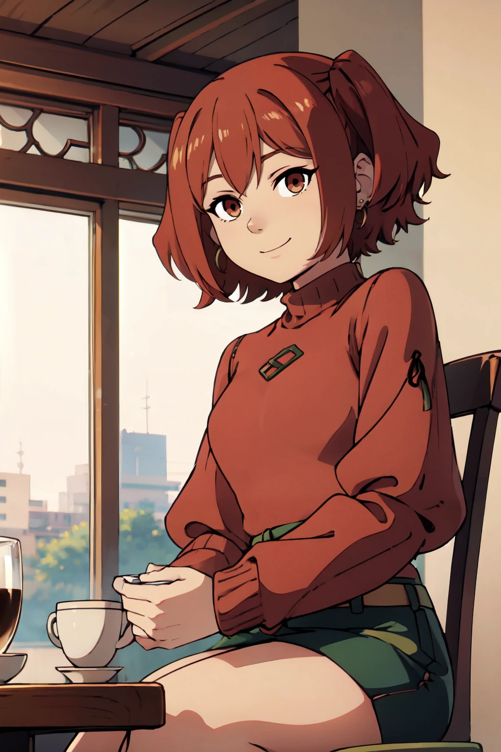 ((masterpiece,best quality)), absurdres,  BREAK, , <lora:Kanne_Sousounofrieren:0.7>,  zzkanne, short hair, brown hair, twintails, brown eyes, , BREAK, turtleneck sweater, earrings, library, cup of coffee, sitting at table, BREAK, solo, smile, looking at viewer, cowboy shot,