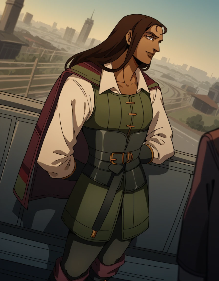 score_9, score_8_up, score_7_up, source_anime, <lora:castlevania-greta-ponyxl-lora-nochekaiser:1>, greta, long hair, brown hair, brown eyes, dark skin, dark-skinned female,, shirt, long sleeves, white shirt, boots, belt, pants, cape, black footwear, vest, knee boots,, train station, waiting for train, suitcase, traveling, commute, city skyline, hands behind back,, smile, , hand reaching out, solo,, cowboy shot, dutch angle