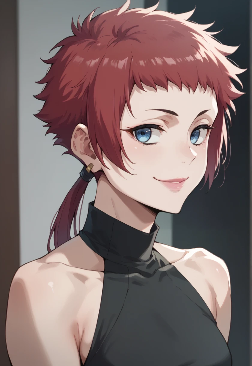 <lora:EmmaSamandaNSLT:1> emmasamanda, red hair, short hair, low ponytail, blue eyes, earrings, pink lips, medium breasts (looking at viewer, smile), <lora:Clothes__WW_White_Dress:1> wwwdress, bare shoulders, halterneck dress, black dress, sleeveless turtleneck, indoors,, 16k, masterpiece, absurdes, highly detailed, highres, high quality, best quality, score_9, score_8_up, score_7_up, score_6_up, shiny, shiny skin, shiny hair