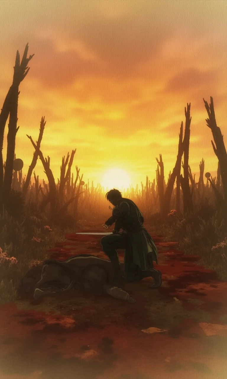 In the twilight of a forgotten battlefield, a lone figure kneels among the fallen, his sword embedded in the earth, as the last rays of sun cast long shadows over the blood-stained ground.