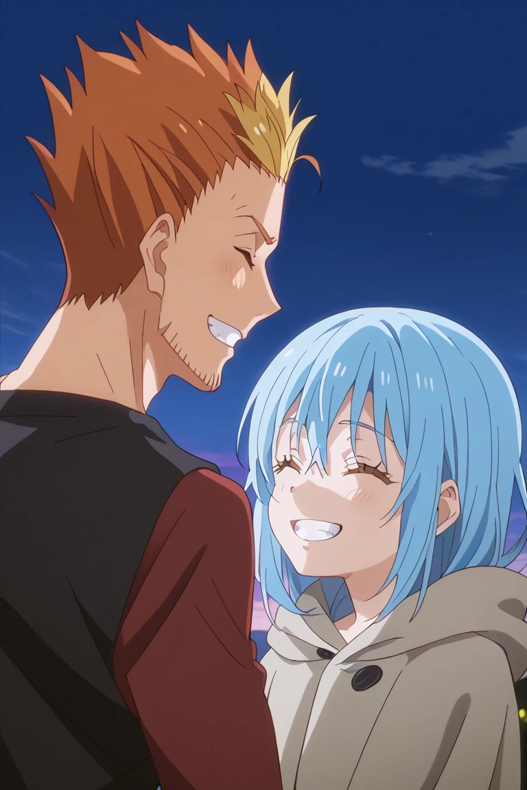 score_9, score_8_up, score_7_up, source_anime, rating_safe, PaulTGRS, orange-yellow_Paul_hair, 1boy, couple focus, rimuru tempest, 1androgynous, anime screencap, hetero, best friends, closed eyes, wide smile, teeth, cute wallpaper