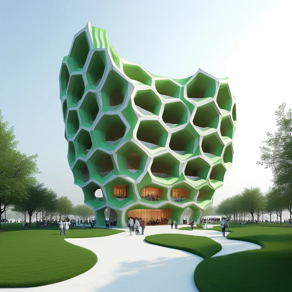 hexagonal modules, #wave form, Curved Structure, Pavilion Design, Green Terraces, Vertical Movement, Angular Design, Ribbon Architecture, architectural identity