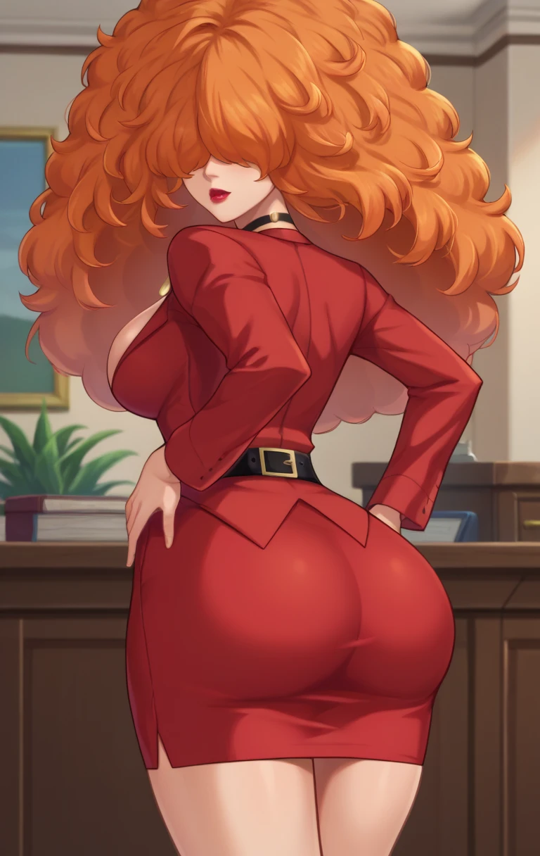 score_9,score_8_up,score_7_up BREAK source_cartoon,<lora:bellum:1>,BellumSDXL,1girl,long hair,skirt,cleavage,jewelry,thighs,choker,belt,miniskirt,necklace,orange hair,lips,red skirt,formal,suit,pencil skirt,lipstick,red lips,hair over eyes,afro,big hair,cowboy shot,room,room background,from behind,looking back,ass focus,