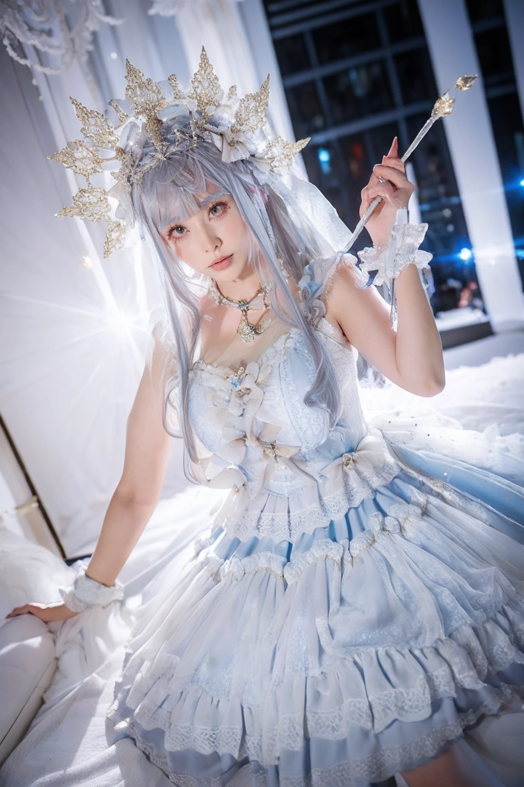 (masterpiece, best quality:1.2),illustration,8k,hd,huge filesize,lens flare,portrait,1 girl,very long hair,solo,(silver hair:1.1),bswq,dress,white dress,blue dress,jewelry,pantyhose,bow,lace,lace trim,lace-trimmed dress,sleeveless dress,big breasts,(cleavage:1.2),bouncing breasts,(day:1.5),extremely detailed dress,sky,crystalstexture skin,