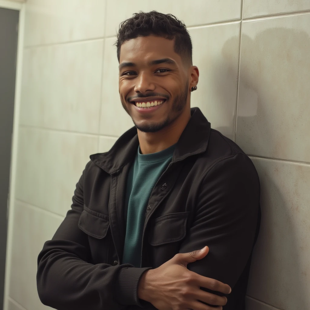 photo of a man, high quality, smiling, leaning against a bathroom wall, wearing a emo outfit