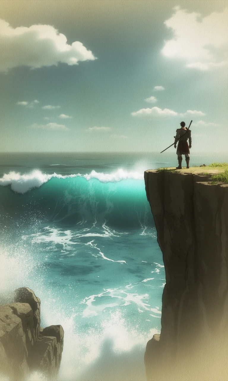 A warrior stands motionless on the edge of a cliff, watching the waves crash violently against the rocks below, as storm clouds gather on the horizon, mirroring the unrest in his soul.