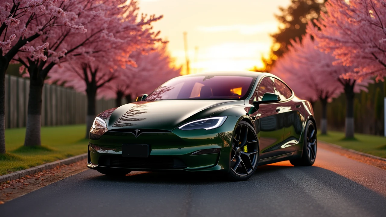 a photo of a hypershift black green Tesla Model S plaid at rural japanese street,cherry blossom trees,tilt-shift,Numberplate says "plaid",nice black rims,sunset,dramatic camera angle,<lora:Tesla_Model S_Plaid:1>