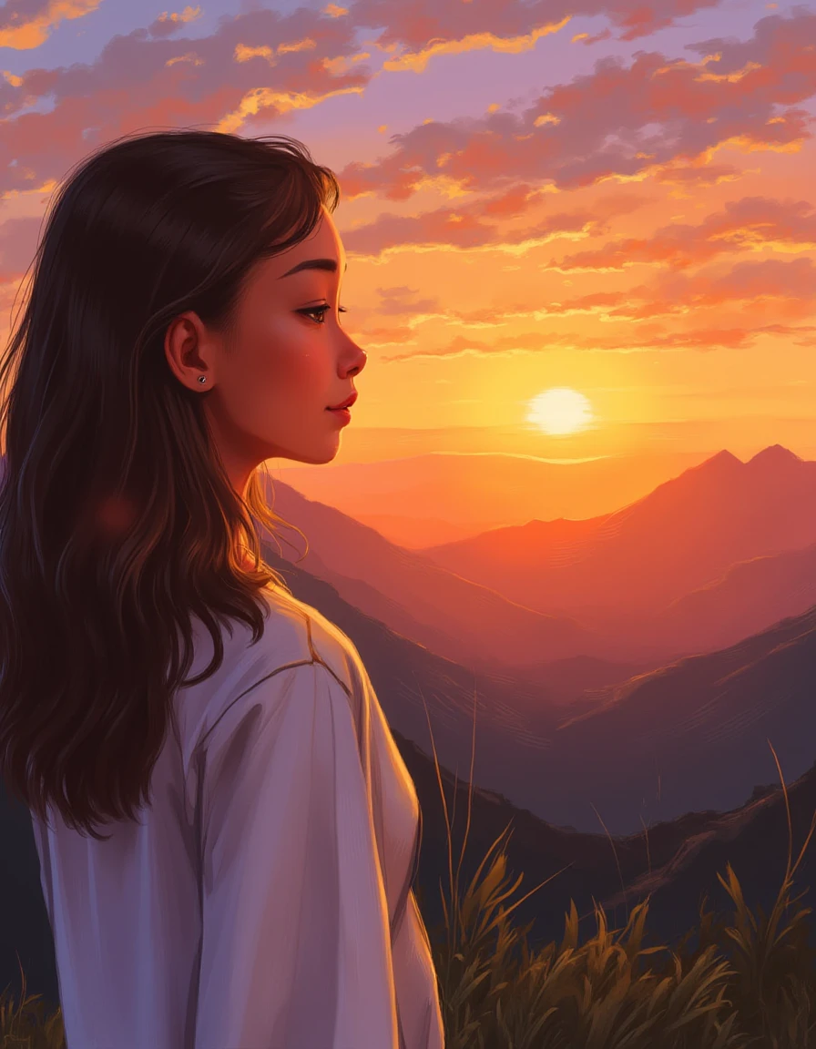 color sketch of a woman face watching the sun set over the mountains, by masterados