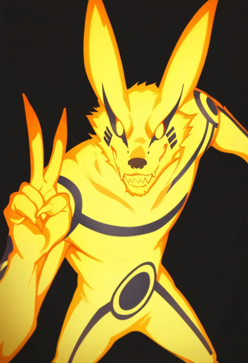 score_9, score_8_up, score_7_up, 1boy, solo, (TBMKurama, male fox, anthro, yellow body, glowing body, yellow eyes, no pupils, sharp teeth), ((close-up, peace sign, standing)), looking at viewer, closed mouth, smile, black background, simple background, 4k, masterpiece, best quality, highly detailed, realistic