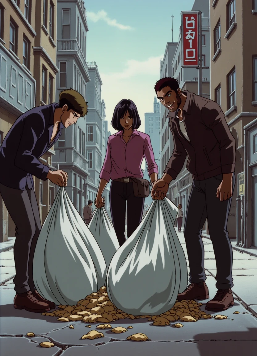 bebop_style, three people rummage through garbage bags on a city street looking for scavenging supplies