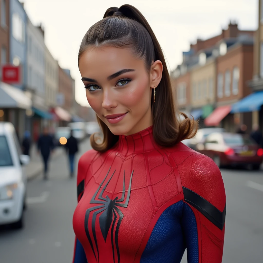 woman, light makeup, smiling, long brown hair,high ponytail, spider man suit, frontview at a street, solo shot, looking at camera, m4d1s0n