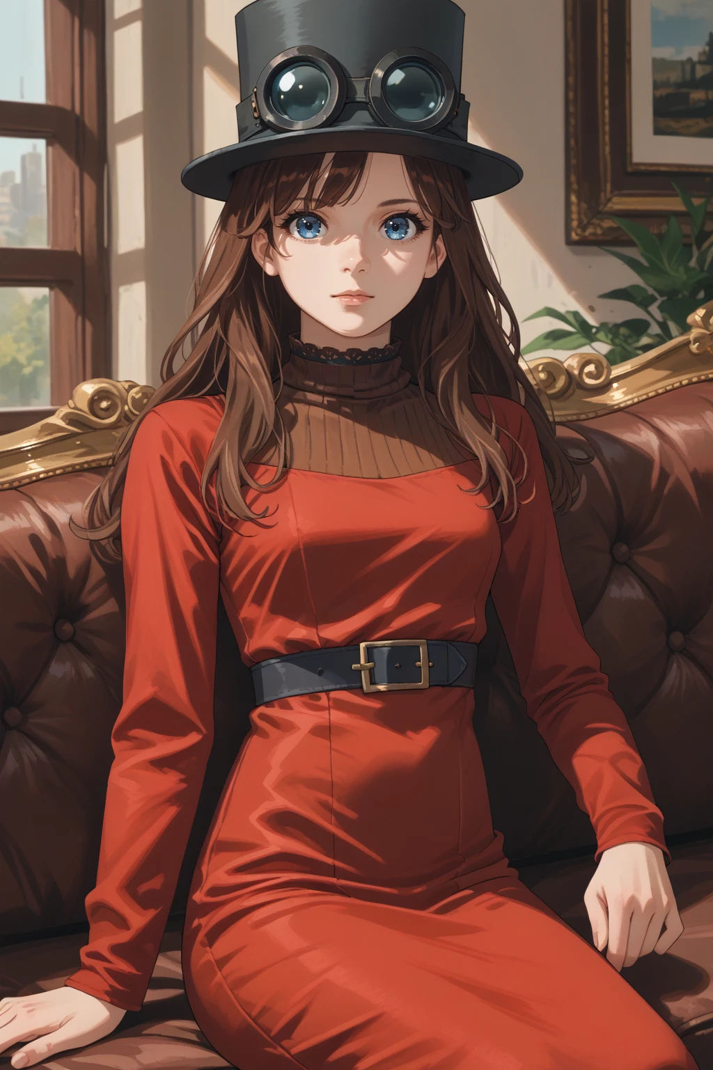 score_9, score_8_up, 1girl, solo, <lora:NSSteampunkerTerraria:0.8> NSStpumker, brown hair, long hair, blue eyes, top hat, goggles on headwear, black choker, turtleneck dress, red dress, long sleeves, couch