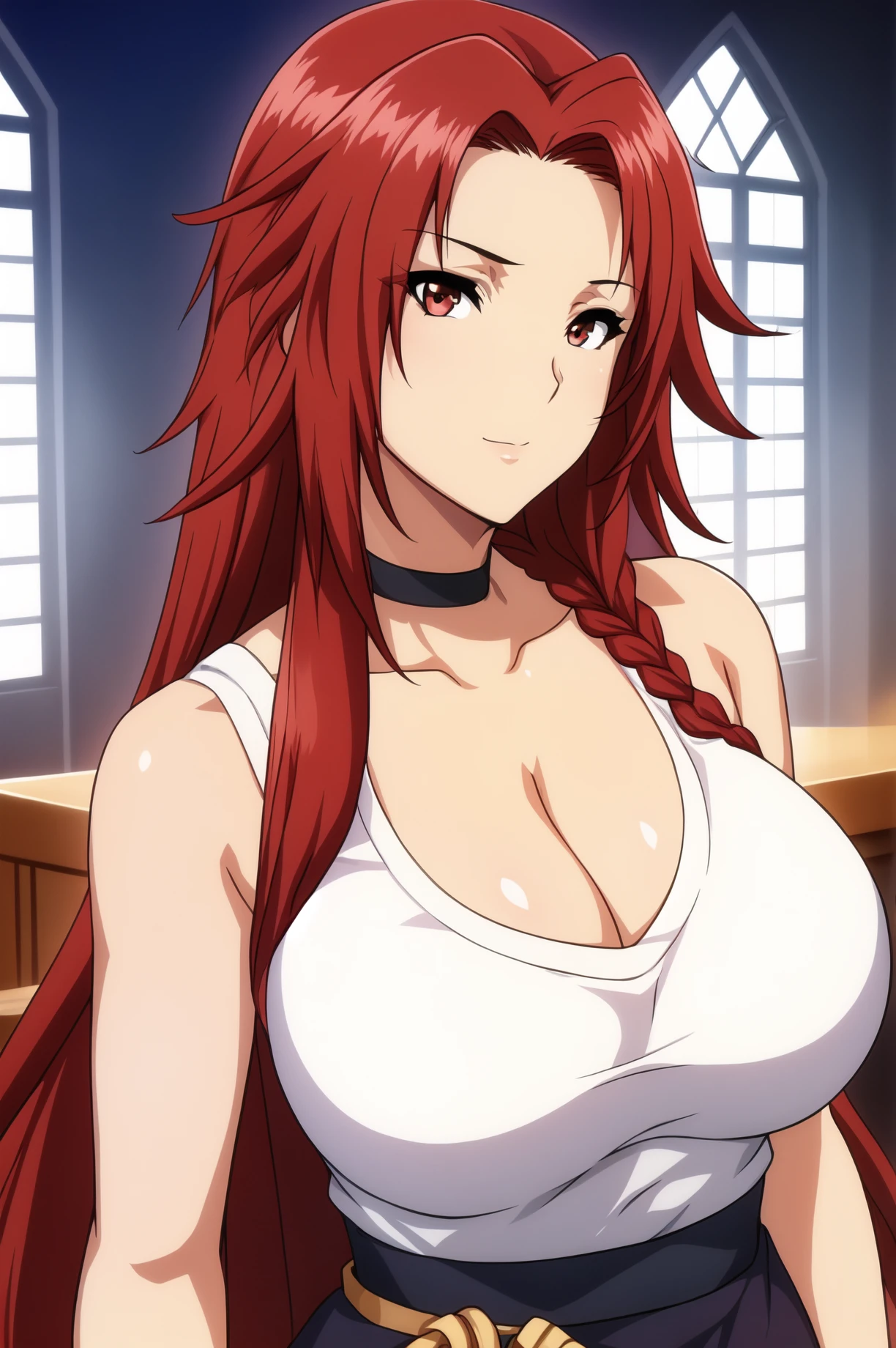 Simple Background,
dynamic pose,standing at attention,
white tank top, no bra, collarbone, cleavage, black choker, pencil skirt, bare shoulders, bare arms, sleeveless, 
<lora:Iris_Midgar_Shadow-KK77-V1:0.7>,Iris_Midgar_Shadow,
Red eyes, Red hair,bangs,Long hair,Makeup, red lipstick, braid,
<lora:more_details:0.1>,<lora:NovelAI_YesMix5_KKStyle-KK77-Yes5-V1:0.3>,<lora:Oda_Non_Style2-KK77-Yes5-V1:0.3>,
1 girl, 20yo,Young female,Beautiful long legs,Beautiful body,
Beautiful Nose,Beautiful character design, perfect eyes, perfect face,expressive eyes,perfect balance,
looking at viewer,(Focus on her face),closed mouth, (innocent_big_eyes:1.0),(Light_Smile:0.3),
official art,extremely detailed CG unity 8k wallpaper, perfect lighting,Colorful, Bright_Front_face_Lighting,White skin,
(masterpiece:1.0),(best_quality:1.0), ultra high res,4K,ultra-detailed,
photography, 8K, HDR, highres, absurdres:1.2, Kodak portra 400, film grain, blurry background, bokeh:1.2, lens flare, (vibrant_color:1.2),professional photograph,
(Beautiful,large_Breasts:1.0), (beautiful_face:1.5),(narrow_waist),