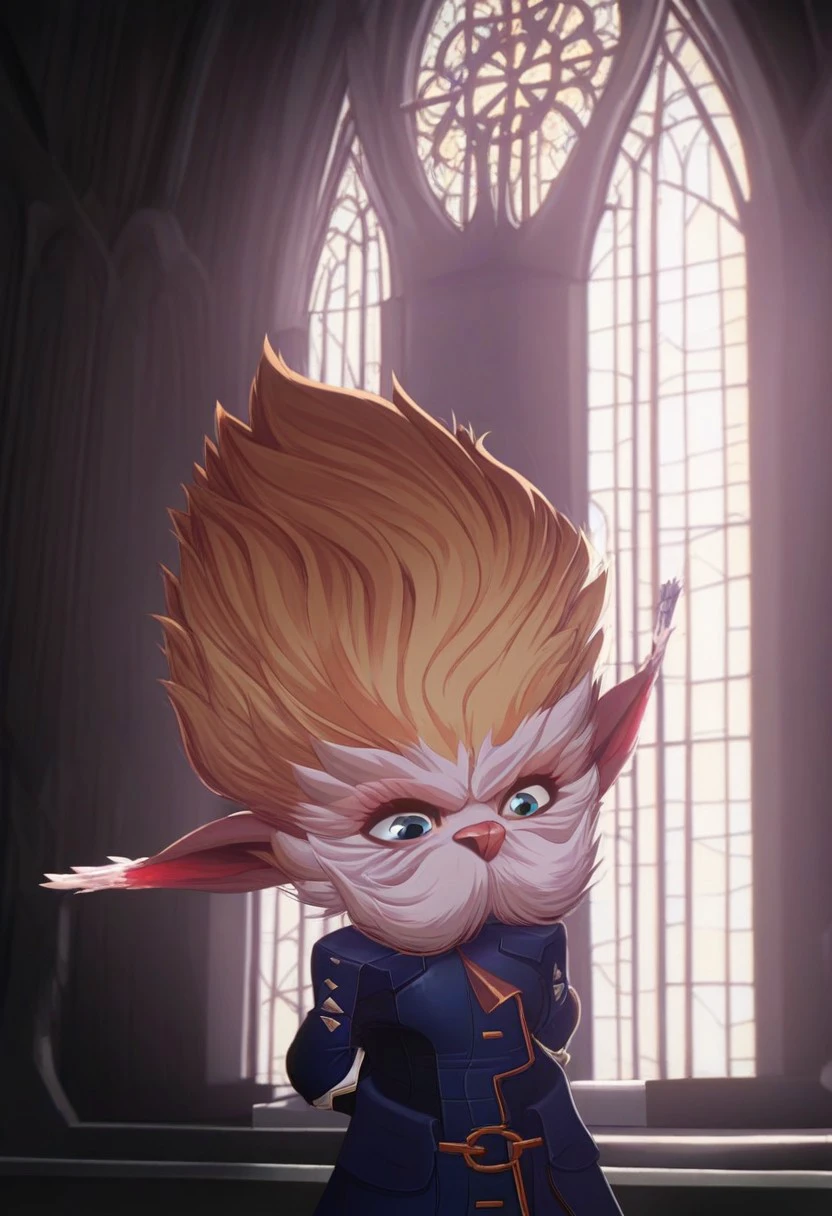 Heimerdinger blue eyes facial hair, blond hair, in a church with a large window, serious look, with kids in background