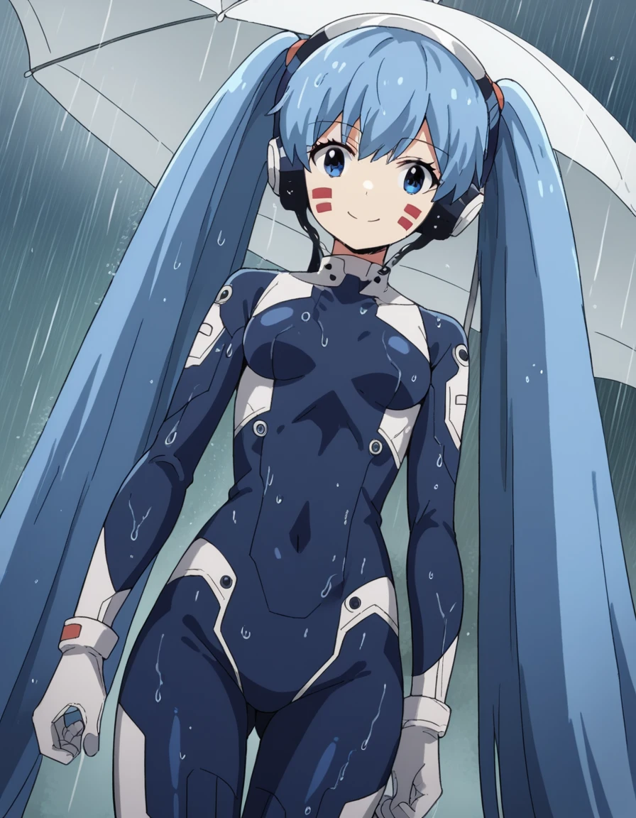 score_9, score_8_up, score_7_up, source_anime, <lora:hermit-mio-s1-ponyxl-lora-nochekaiser:1>, hermit mio, long hair, blue eyes, twintails, very long hair, blue hair, facial mark,, headphones, gloves, bodysuit, covered navel, pilot suit,, rainy day, umbrella, walking home, puddles, wet hair, smile, looking at viewer, hand with fingers spread out, solo,, cowboy shot, dutch angle