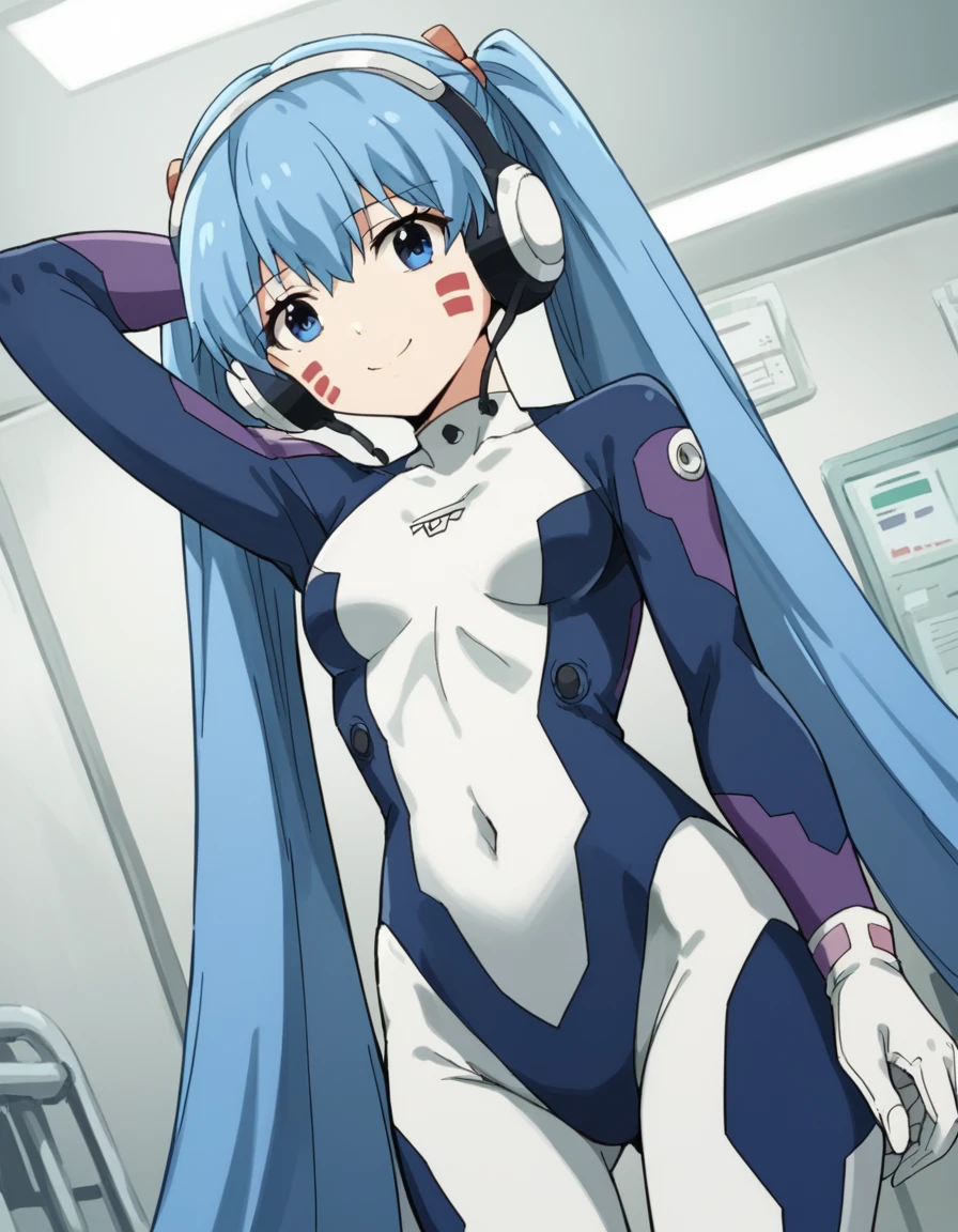 score_9, score_8_up, score_7_up, source_anime, <lora:hermit-mio-s1-ponyxl-lora-nochekaiser:1>, hermit mio, long hair, blue eyes, twintails, very long hair, blue hair, facial mark,, headphones, gloves, bodysuit, covered navel, pilot suit,, hospital room, bedside, get well flowers, comforting, quiet, smile, , hand behind head, solo,, cowboy shot, dutch angle