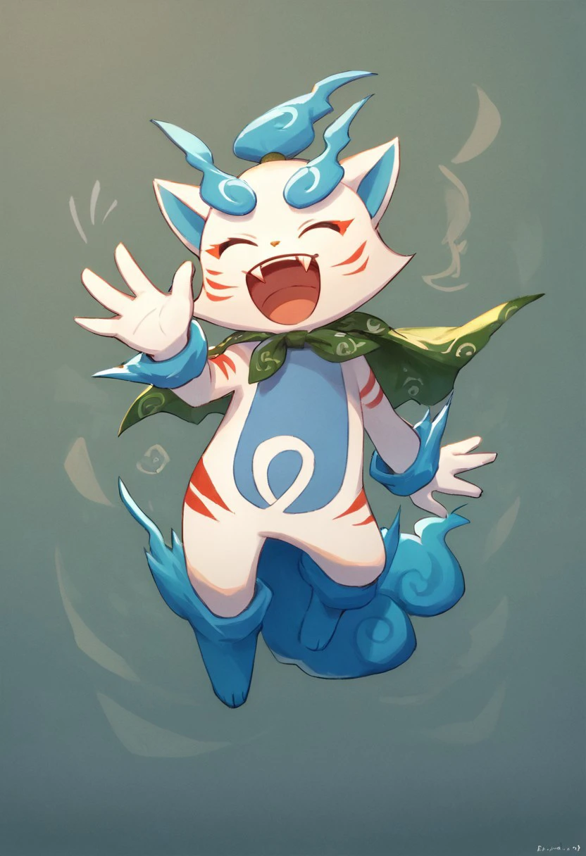 score_9, score_8, masterpiece, high quality, shishikoma, komainu, white body, blue belly, flame tail, flame ponytail, blue flames, green cape, green sclera, happy, closed eyes, open mouth, fangs, abstract, waving at viewer