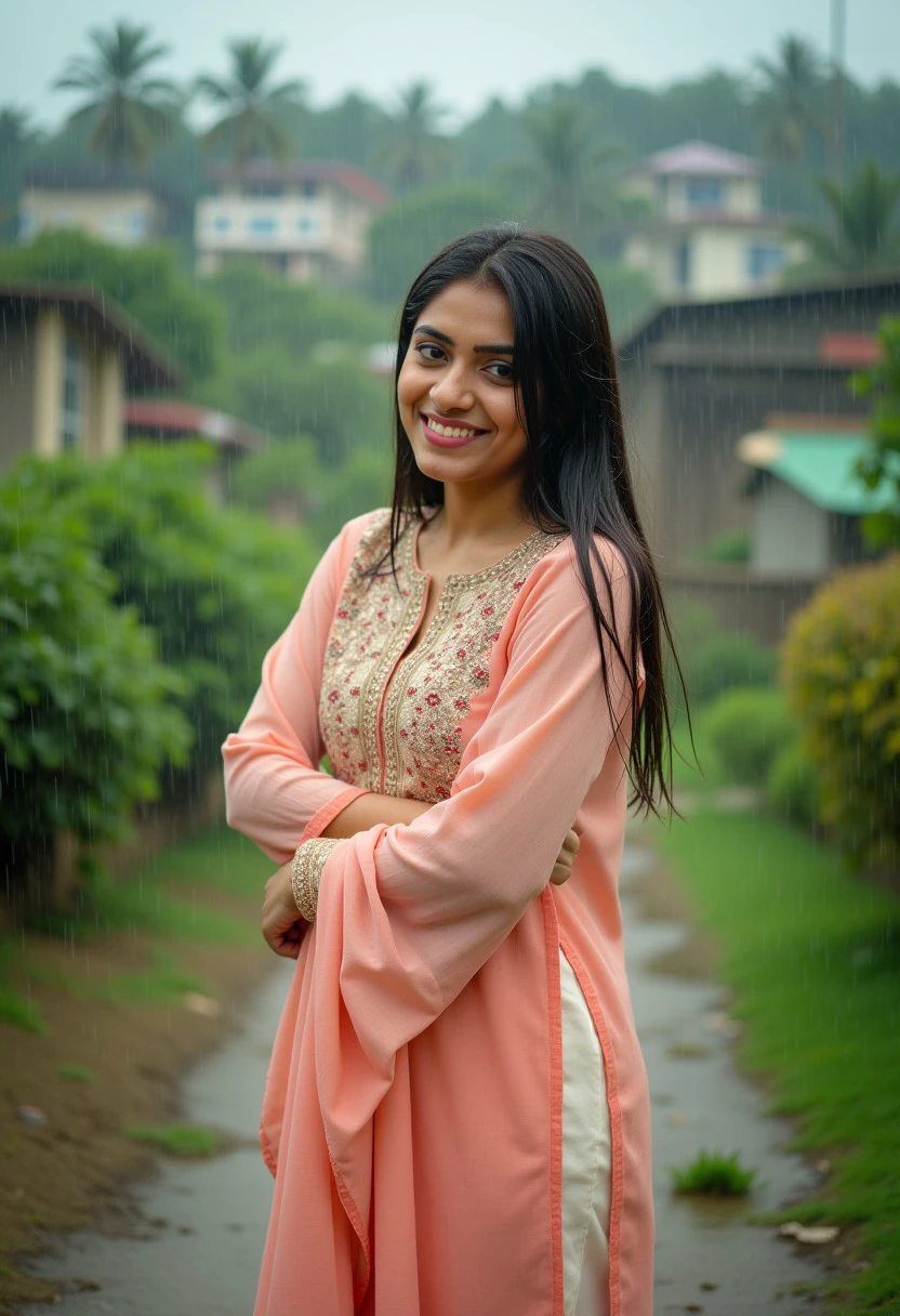 ((full body shot, head to toe in frame, bare feet)), 1woman, A Punjabi woman,in embroidered cotton Salwaar Kameez, outdoors, garden, raining, laughing, wet see-through cloth, seethru, tits, terraced houses, RAW photo, 8k UHD, DSLR, soft lighting, high quality, film grain, Fujifilm XT3, wet hair, wet cloth. Salwar_Kameez_Flux, Wearing a Salwar Kameez, APW_Flux, Pleasant:BrownTone, Straight Hair, Silky Smooth Hair