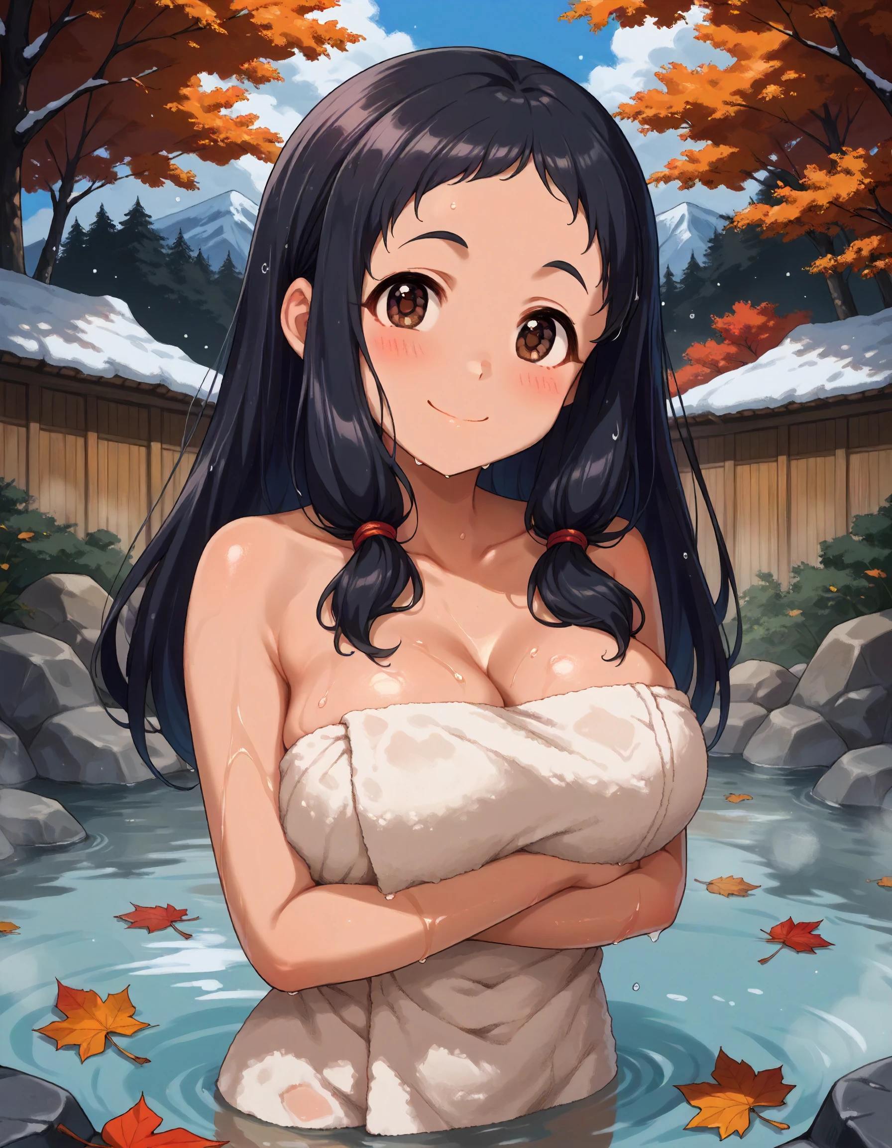 score_9,score_8_up,score_7_up,1girl,solo,upper body,breast focus,looking at viewer,smile,arms under breasts,wet,blush,onsen,autumn,
<lora:oonumakurumi_ponyXLV6:0.8>,cgok,
black hair,long hair,sidelocks,brown eyes,big breasts,(shortstack:0.4),
naked towel