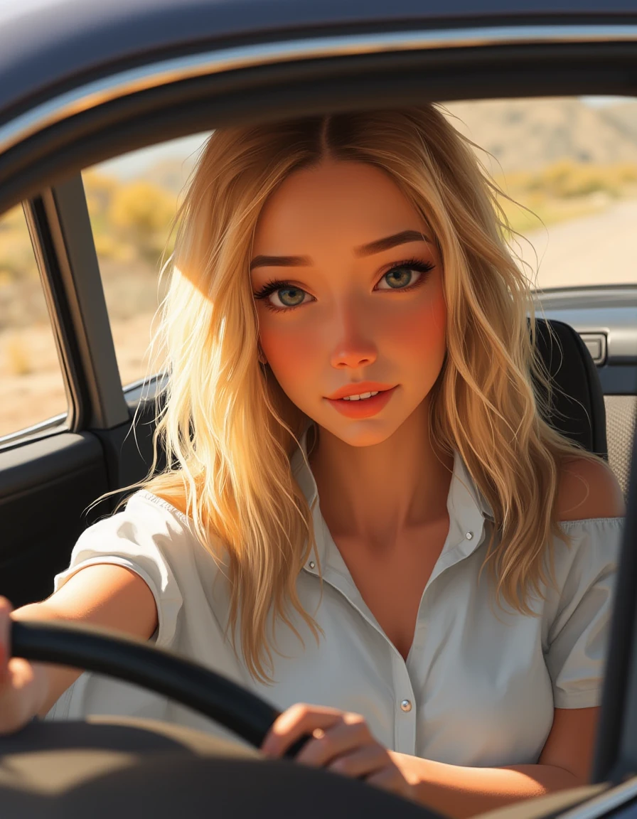 a blonde woman driving a car, by masterados