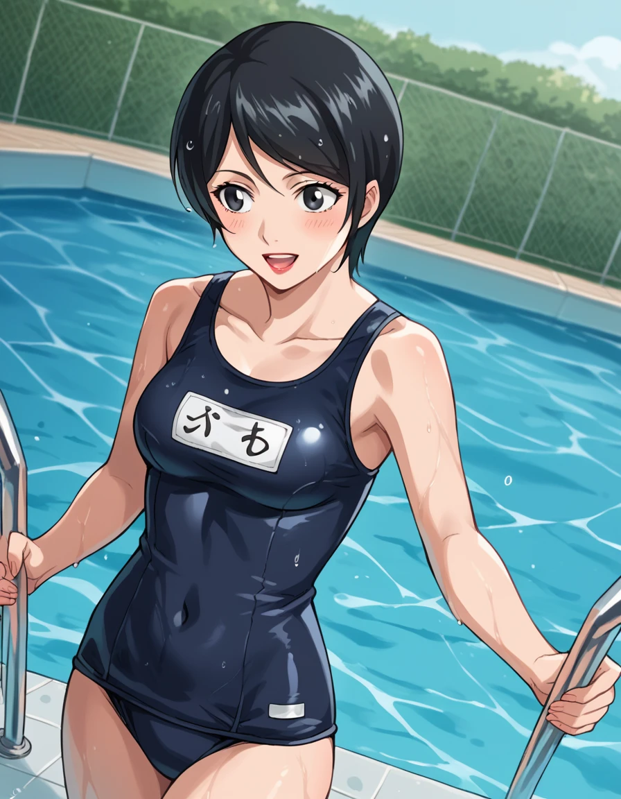 score_9, score_8_up, score_7_up, source_anime, <lora:takada-kiyomi-anime-ponyxl-lora-nochekaiser:1>, takada kiyomi, short hair, black hair, black eyes, lipstick, medium breasts,, <lora:old-school-swimsuit-ponyxl-lora-nochekaiser:1>, old school swimsuit, school swimsuit, blue one-piece swimsuit, one-piece swimsuit, name tag, swimsuit, covered navel, wet swimsuit, collarbone,, poolside, pool, splashing, smile, open mouth, blush,, , cowboy shot, dutch angle