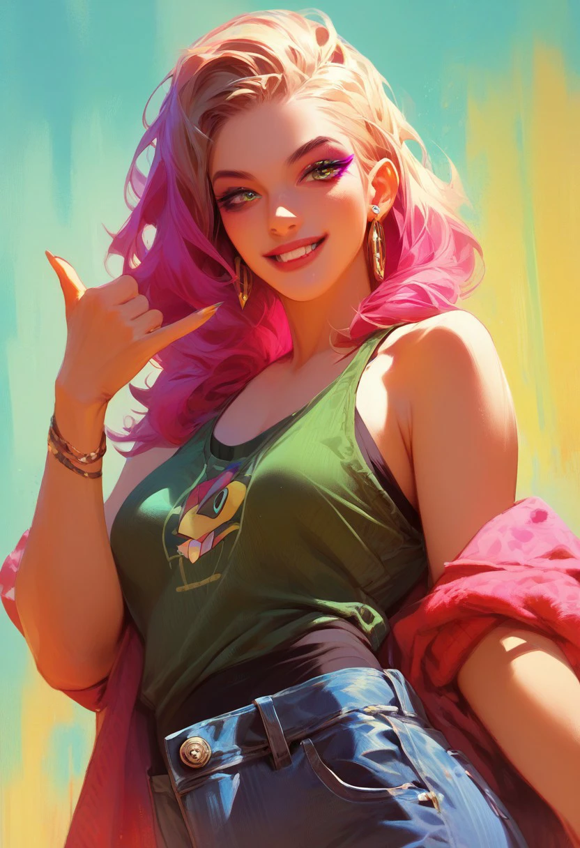 score_9, score_8_up, score_7_up, score_6_up, score_5_up, colourful, 8k, detailed face, detailed eyes, makeup, 1girl, solo, shaka, gesture, hand sign, jeans, tank top, cowboy shot, abstract background,