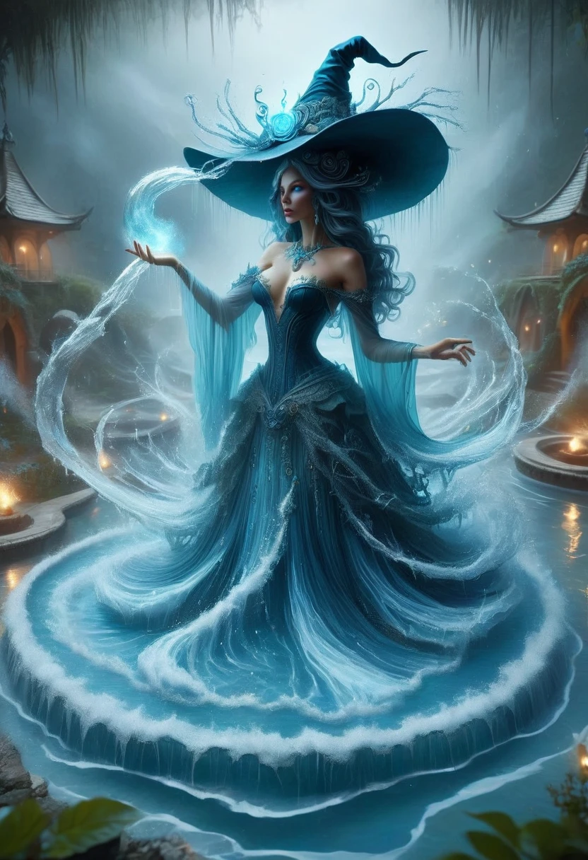 watergoddess, terraced hot springs, witch, witch's hat, water magic, water spell, ethereal, highly detailed, masterpiece