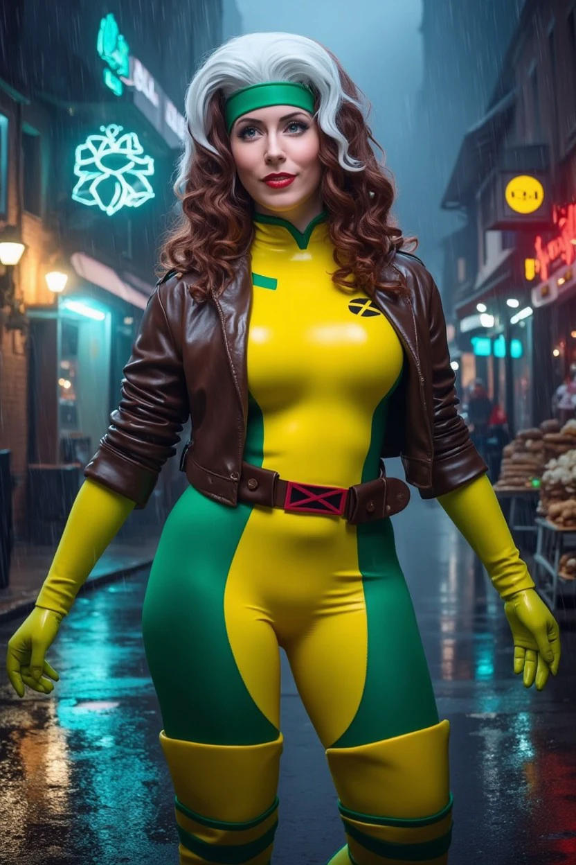 xrgmn woman costume green and yellow bodysuit cosplay, belt, jacket, gloves, brown and white hair, green hair band, 
Ursula, Aaliyah,
Local bakery and fresh bread aroma at background, Rainy with occasional lightning 
<lora:flux_events_Rogue_xrgmn_woman:1>