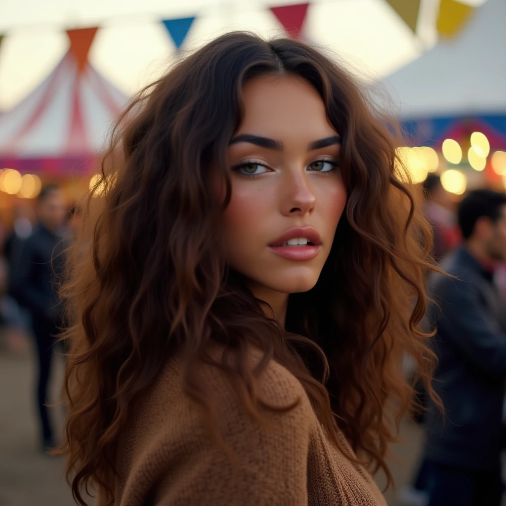 woman,light makeup,long curly hair, wearing a sweater, at a carnival ,blurry background, looking at viewer, m4d1s0n
