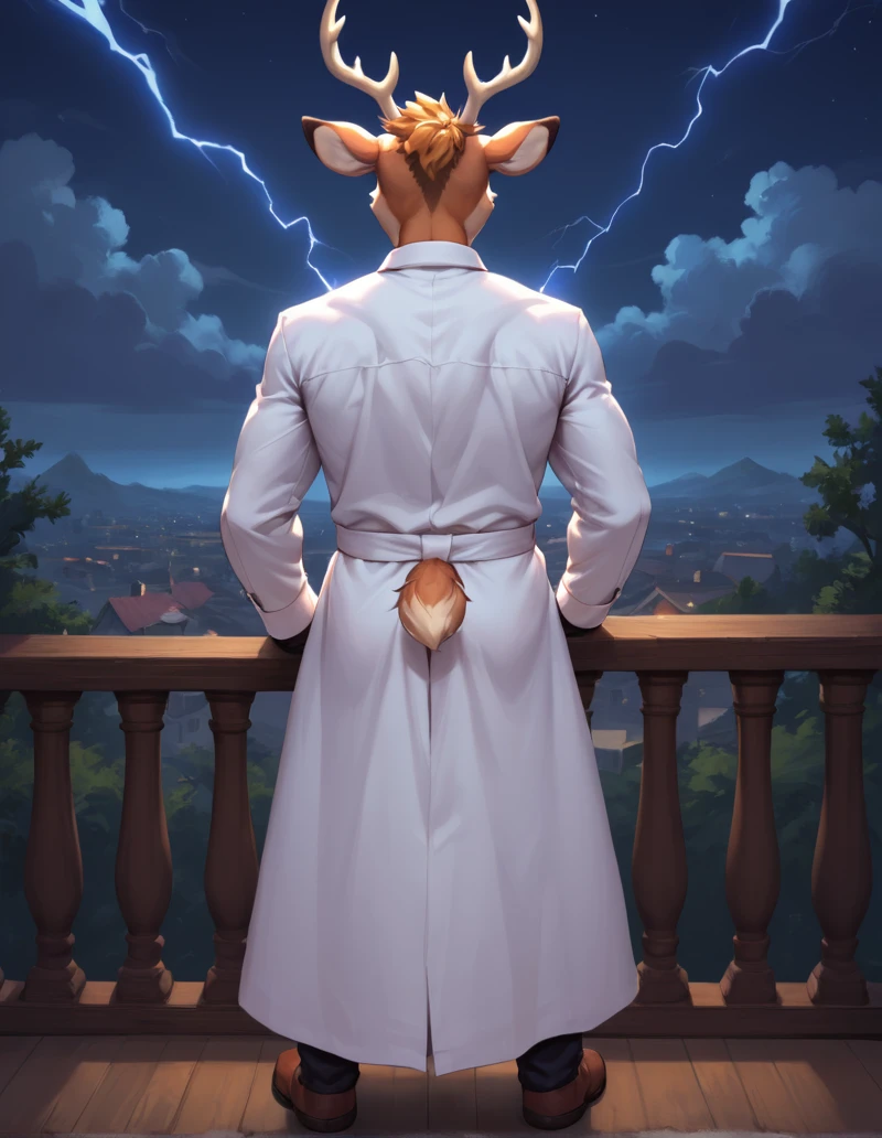 score_9, score_8_up, score_7_up, score_6_up, score_5_up, score_4_up, source_furry, rating_sfw, highly detailed, masterpiece, solo, 1boy, anthro male deer, mad_scientist, facing away from viewer, night scene, dramatic scene, standing on balcony, lightning in background, angry mob, <lora:Outfits\Mad_Scientist.safetensors:0.8:0.8>