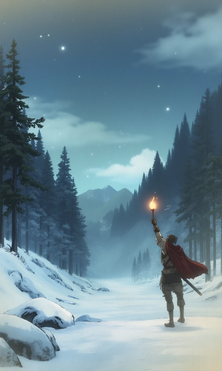 In a snow-covered valley, a solitary hero lights a single torch, the flickering flame barely holding back the endless night as echoes of past battles fade into the wind.